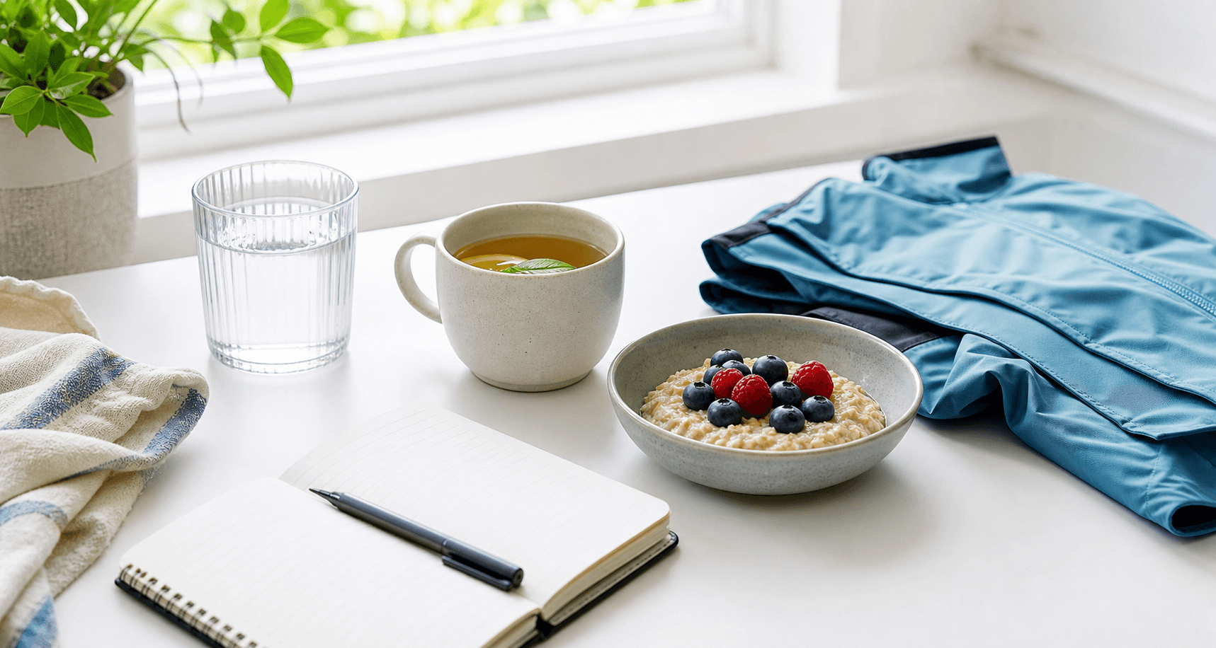 Original morning wellness routine scene with water, oats, tea, and a notebook